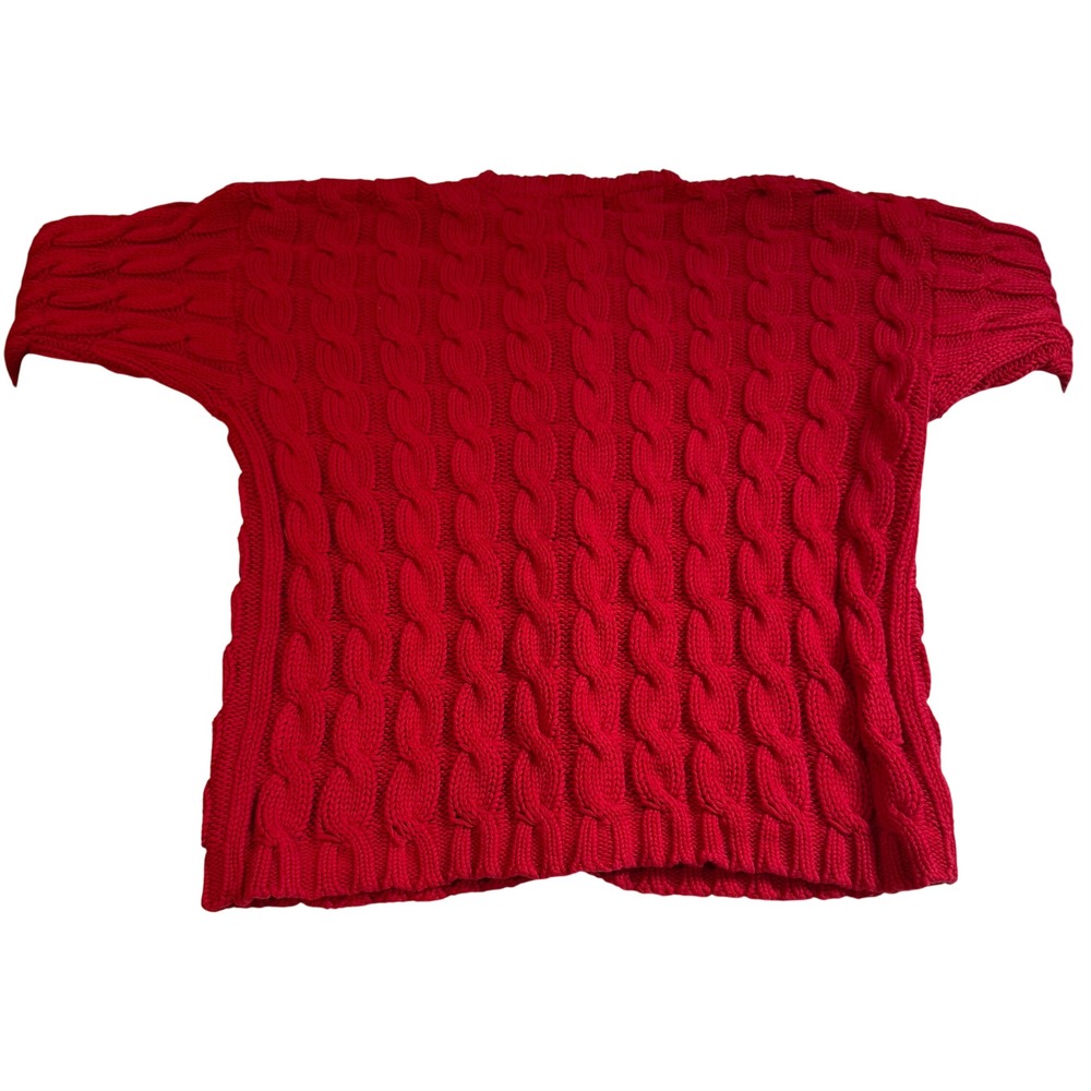 Vintage 90s GAP XL Red Cable Knit Cardigan Sweater Plaid Ribbon Weave 100% Cott - Picture 9 of 10